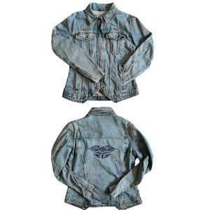 VTG Harley Davidson Women’s Biker Blues Jean Jacket Sz M Embroidered Tribal Pins